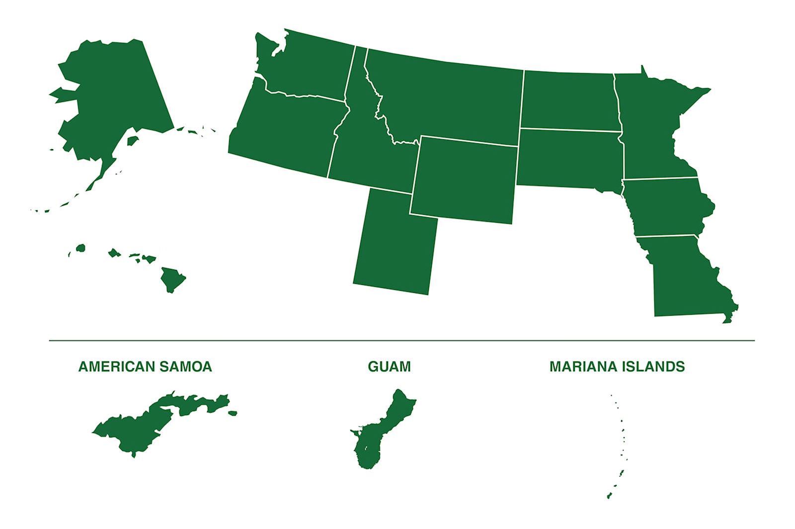  Map of Alaska, Hawaii, Idaho, Iowa, Minnesota, Missouri, Montana, North Dakota, Oregon, South Dakota, Utah, Washington and Wyoming, the U.S. territories of American Samoa and Guam and the Commonwealth of the Northern Mariana Islands